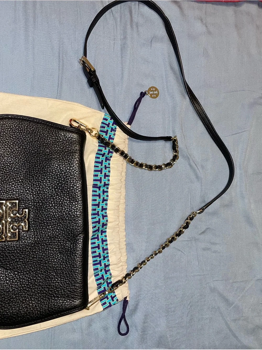 Tory Burch Black Pebbled Leather Chain Crossbody with Gold Logo